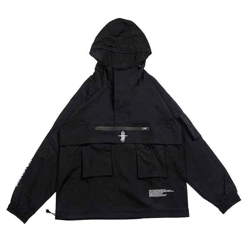 Techwear Anorak Hooded Windbreaker Pocket Noir Streetwear Veste 211217