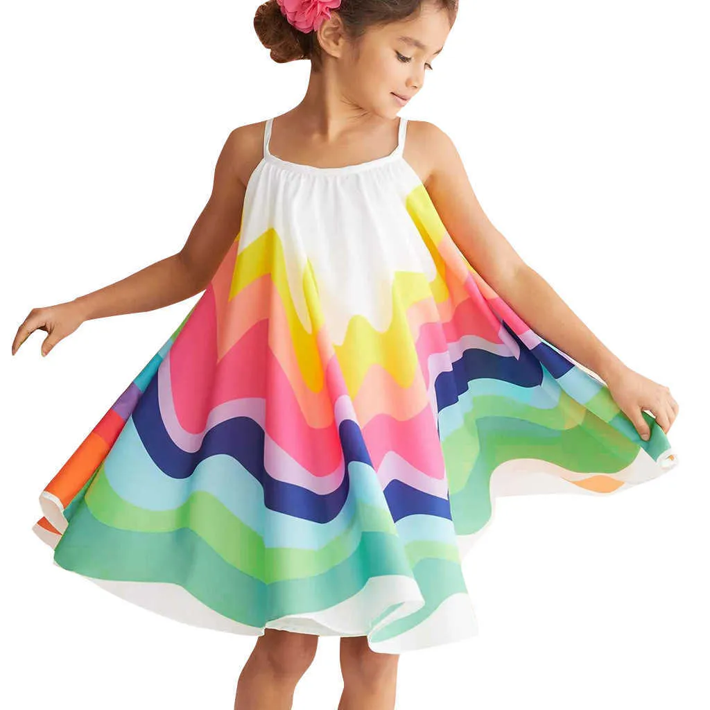 Robes d'été à rayures pour bébés filles sans manches arc-en-ciel imprimé robe gilet robes vêtements lâchement Q0716