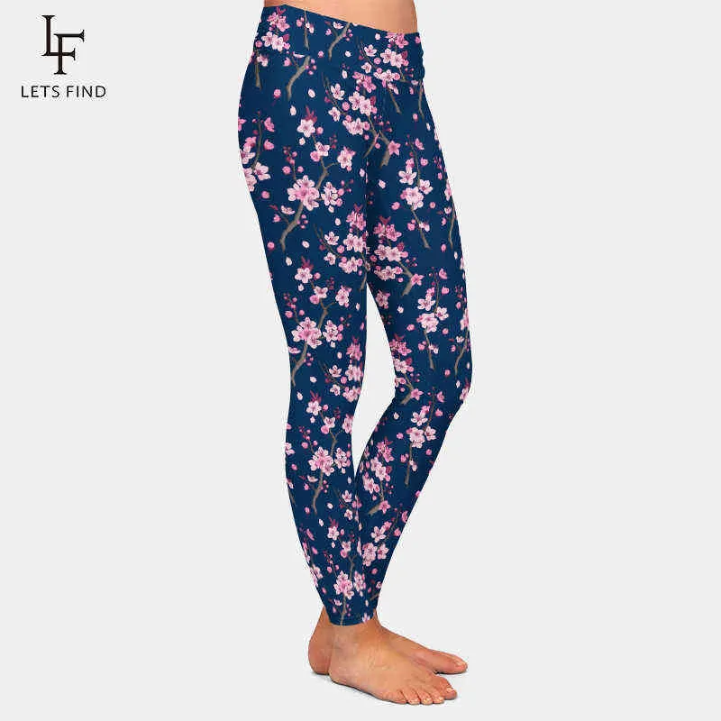 LETSFIND Fashion 3D Cherry Blossom Stampa digitale Leggings da donna Vita alta Plus Size Soft Slim Fitness 210925