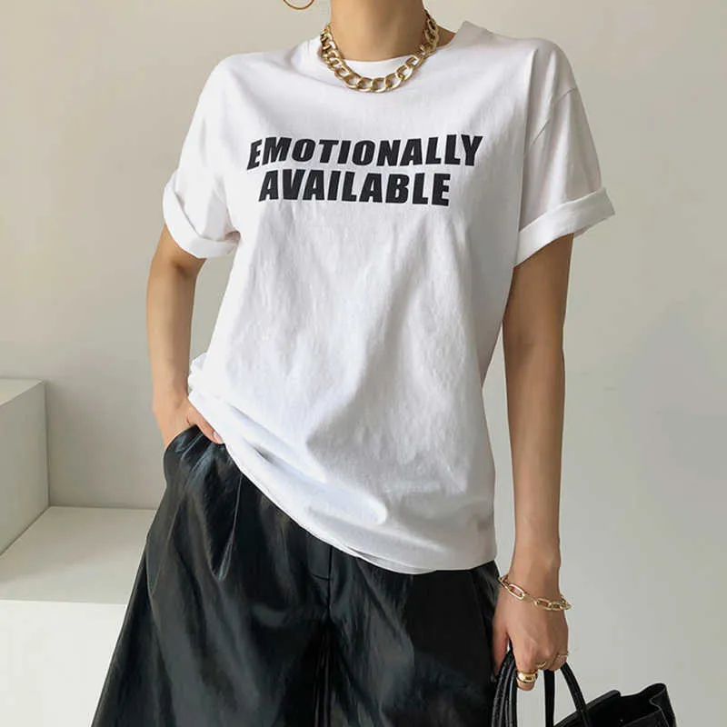 Korejpaa Dames T-shirt Korea Zomer Eenvoudig Casual O-hals Letter Printing Design Losse Wilde Pullover Korte Mouw Tee Tee Top 210526