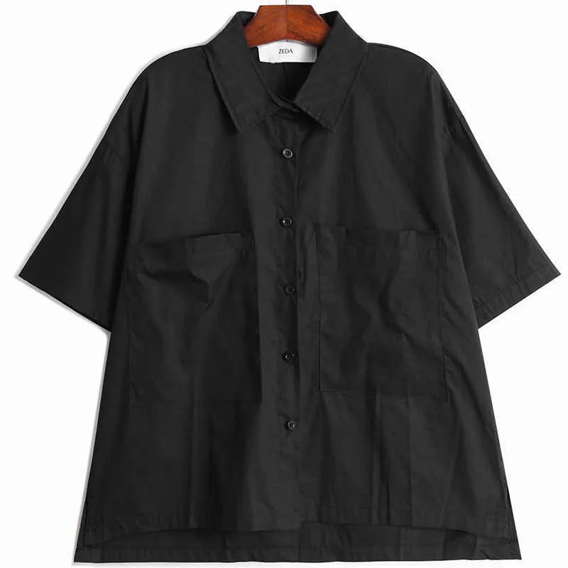 Vanovich Cep Yaz Katı Renk Gömlek Kadın Yarım Kollu Bayanlar Bluzlar Ve Moda Giyim Tops 210615