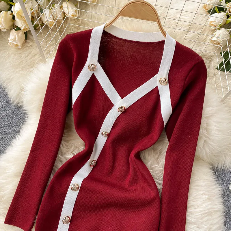 SINGREINY Design Knitted Pencil Dress Women Korean V Neck Long Sleeve Slim Dresses Autumn Winter Bodycon Sweater Short Dress 210419