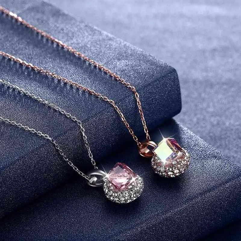 Lekani 925 sterling zilveren kettingen mooie vierkante hanger ketting voor vrouwen dubbelzijdige Oostenrijk kristal fijne sieraden cadeau y1204