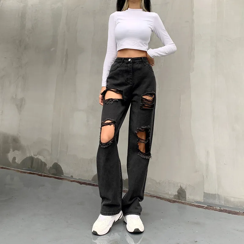 Y2K 90s jeans negros arrancaram calças jeans de cintura de cintura alta mulheres vintage estilo coreano calças streetwear 210517