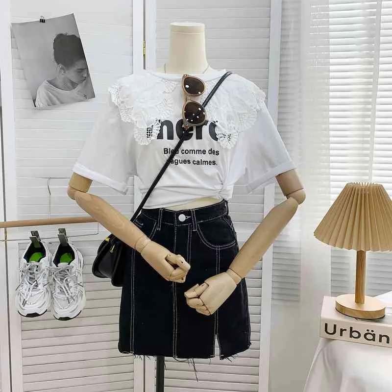 Kimutomo Sweet Letter Print T-shirt Koronki Haft Peter Pan Collar Krótki Rękaw Ubrania Kobiet Summer Koreańczycy Korzyści Topy 210521