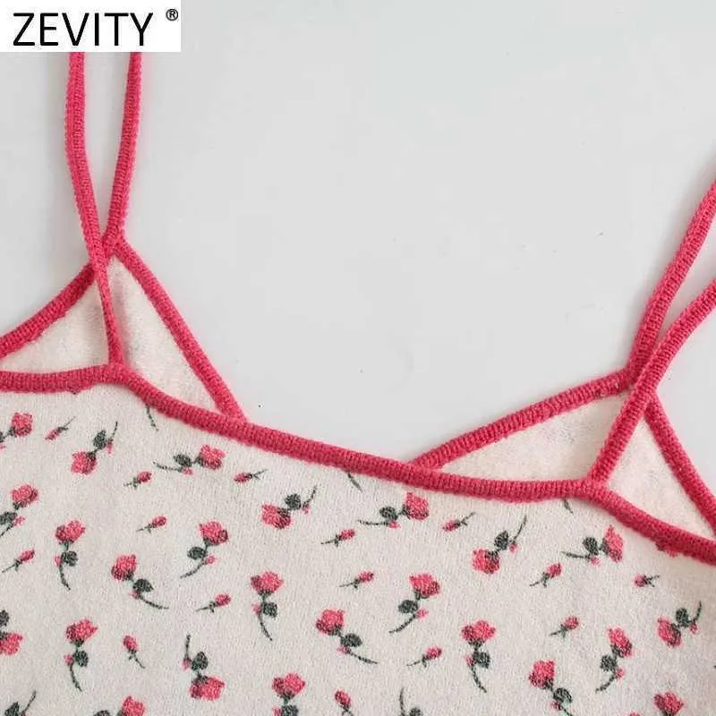 Zevity女性の甘い花のジャカードニットスパゲッティストラップシックキャミスタンクレディース夏のスリングショートスリムトップスSW720 210603