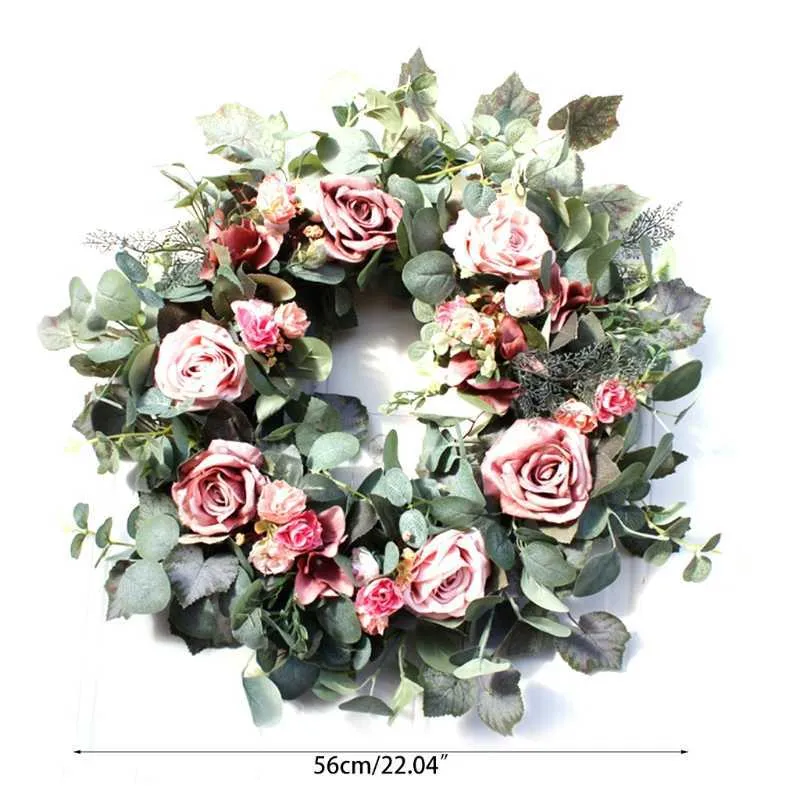 22inch Artificial Light Coffee Roses Front Door Wreath Handcrafted Wreath for front Door Outdoor Home Wall Party Drop Q0813148
