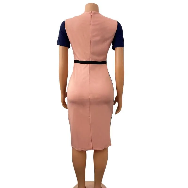 Frauen Patchwork Elegantes Kleid Bodycon Kurzarm Hohe Taille Block Farbe Büro Damen Modest Mode Classy Vestidos Roben 210416