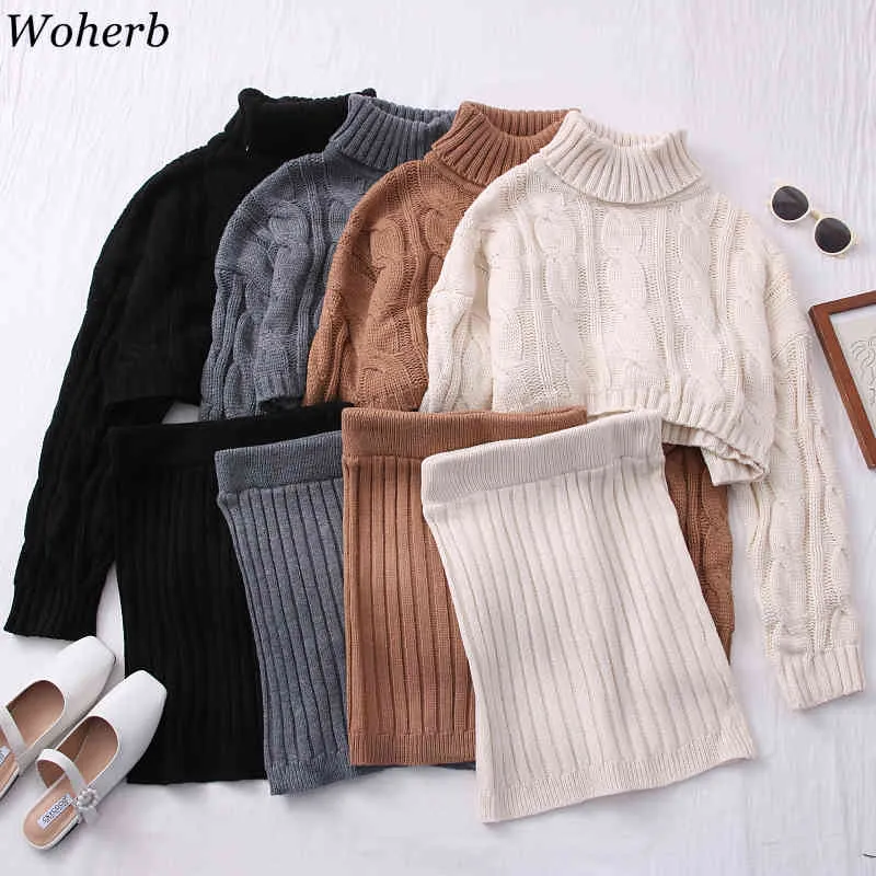 Tvådelade kläder för kvinnor mode All-Match Koreanska Knit Suit Turtleneck Sweater Bodycon Skirt Kvinna 210422