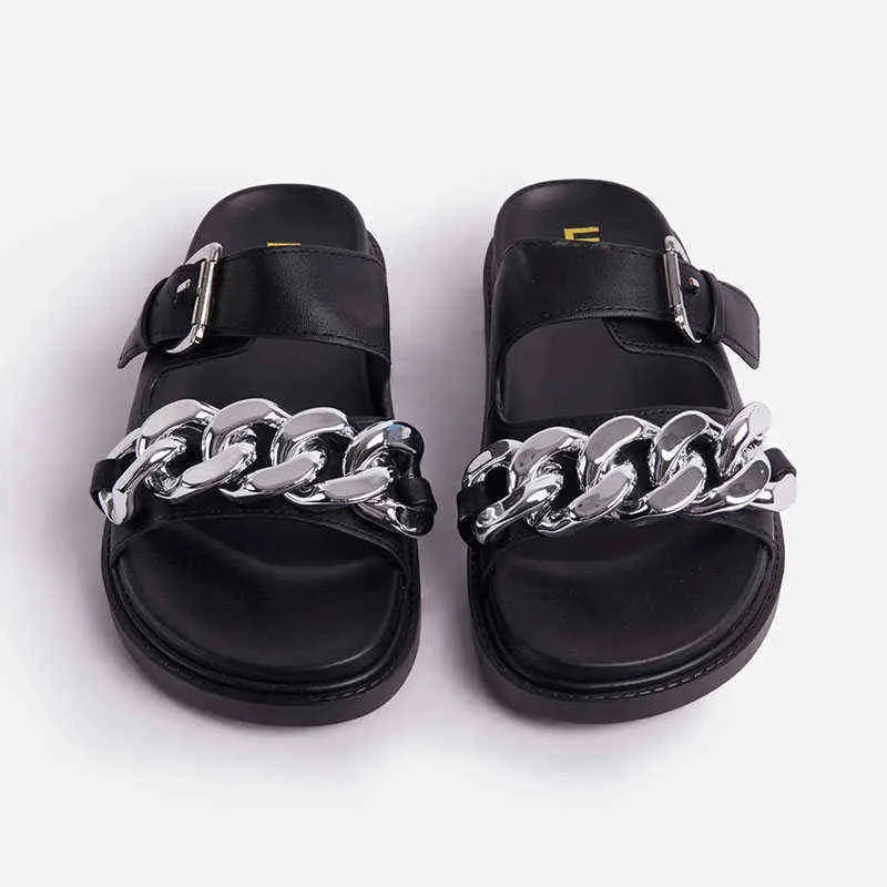 Chinelos de Metal Chain de Metal Mulheres Plataforma de Praia Slides Verão Senhoras Sandálias Plana Khaki Branco Preto Sapatos Verdes Zapatos de Mujer 220304