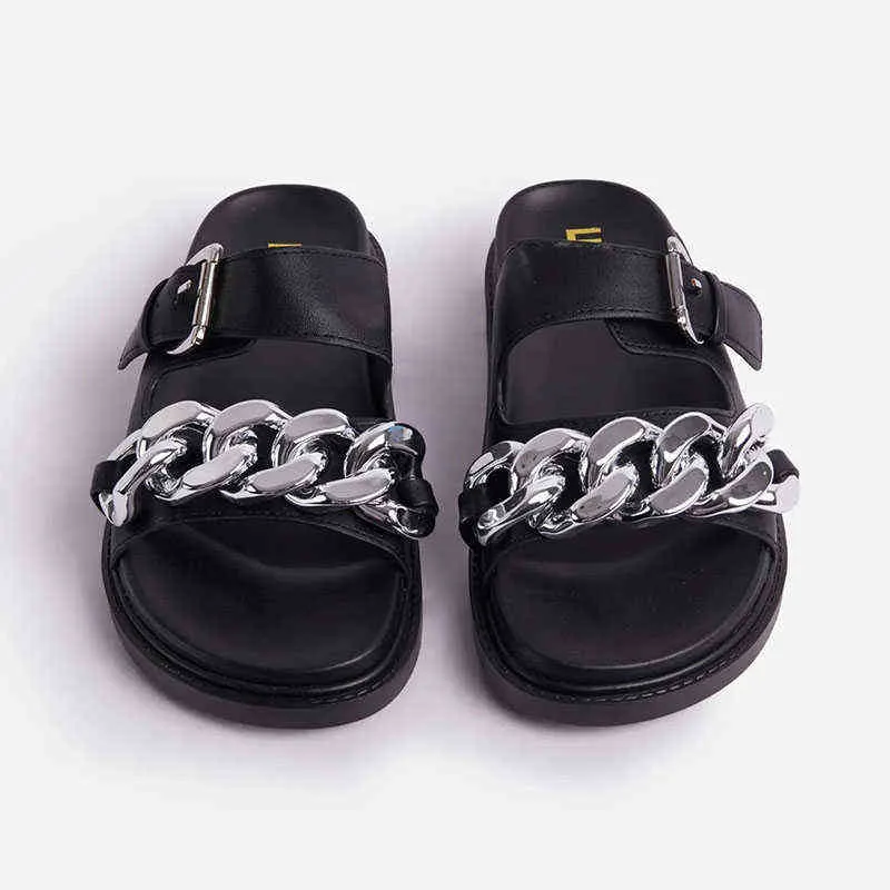 Slippers Metal Chain Women Beach Platform Slides Summer Ladies Flat Sandals Khaki White Black Green Shoes Zapatos De Mujer 220304