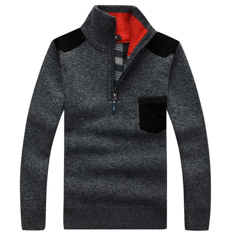 Inverno Mens Pullover Maglione lavorato a maglia Maschile in pile di lana spesso Pullover casual Patchwork Maglione tascabile caldo Colletto in piedi 210813