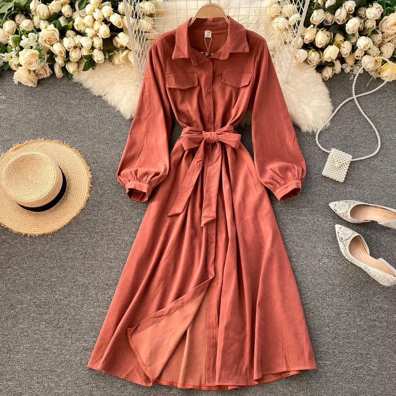 SINGREINY Women Korean Bow Sashes Dress Turn Down Collar Puff Sleeve Vacation A Line Dress Autumn Solid Casual Office Lady Dress 210419