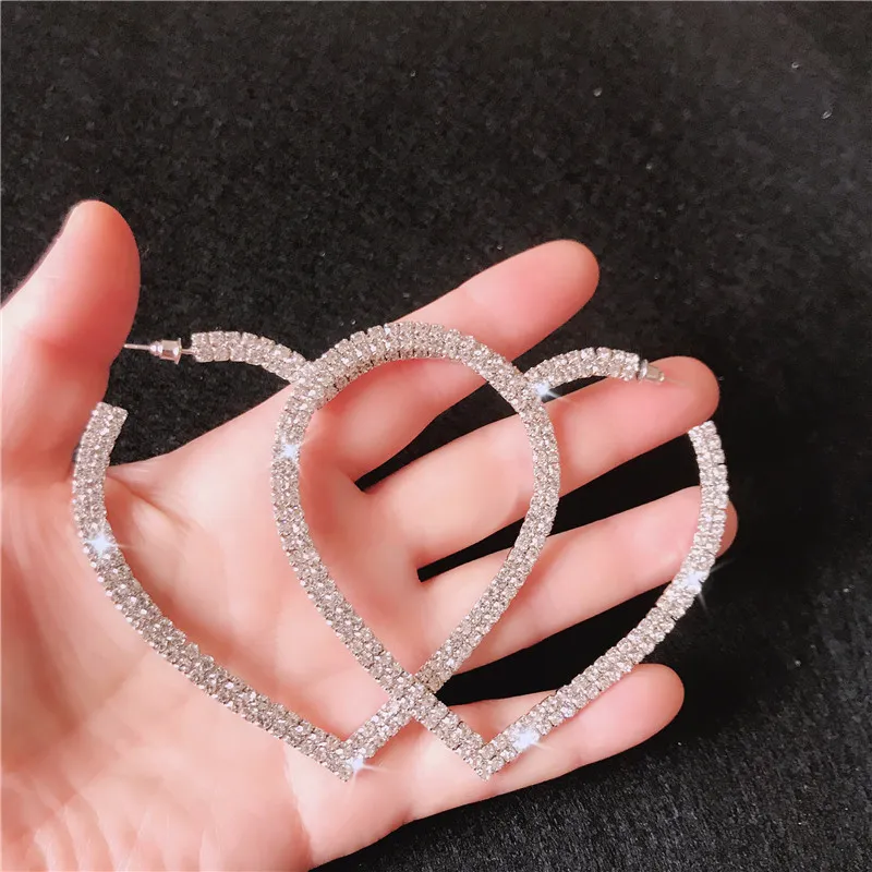 Büyük Kalp Kristal Hoop Küpe Kadınlar Için Bijoux Geometrik Rhinestones Küpe Bildirimi Takı Parti Hediyeler