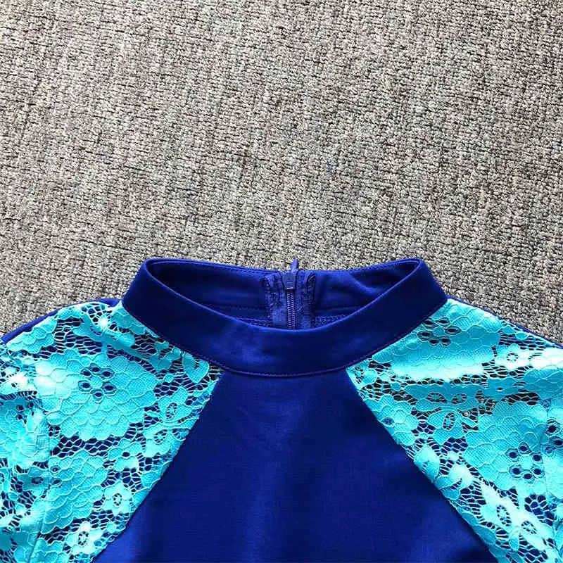 Femmes O Cou Robe Bleu Sexy Moulante Patchwork À Manches Longues En Dentelle Midi Automne Modest Vestidos Club Night Out Élastique Classy Robes 210416