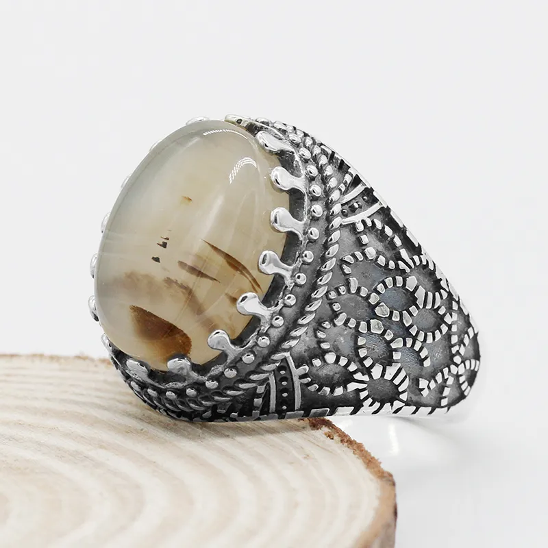 Natural Agate Ring for Men Pure 925 Sterling Silver Vintage Punk Male Women Rings Turkish Handmade Jewelry Gift Wholesale