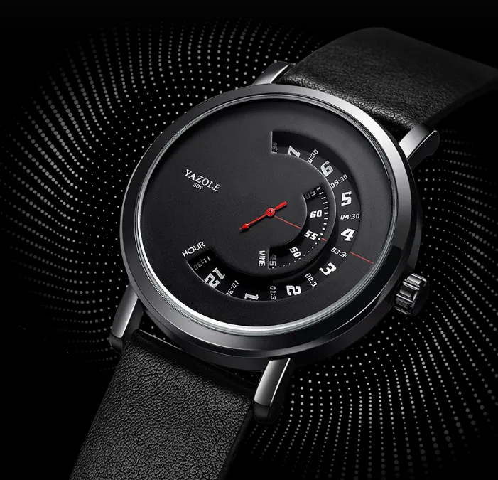 Yazolel exclusivo dial personalidade turntable design masculino relógio inteligente esportes claro tempo do mundo relógios pulseira de couro juventude relógios de pulso 258v