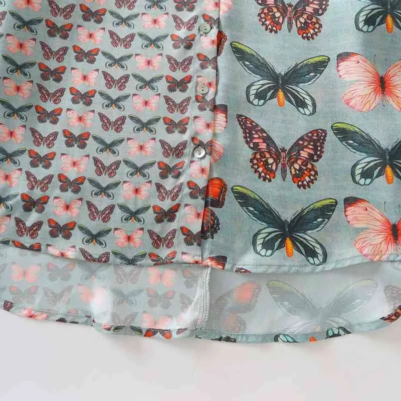 夏の女性の蝶印刷スプライシングシャツ女性半袖ブラウスカジュアルな女性緩いトップスBlusas S8791 210430