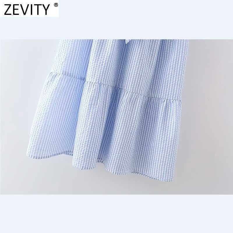 Zevity Women Vintage Vネックストライププリント蝶ネクタイサッシ王屋ドレス女性パフスリーブシックビジネスパーティーVestido DS5057 210603