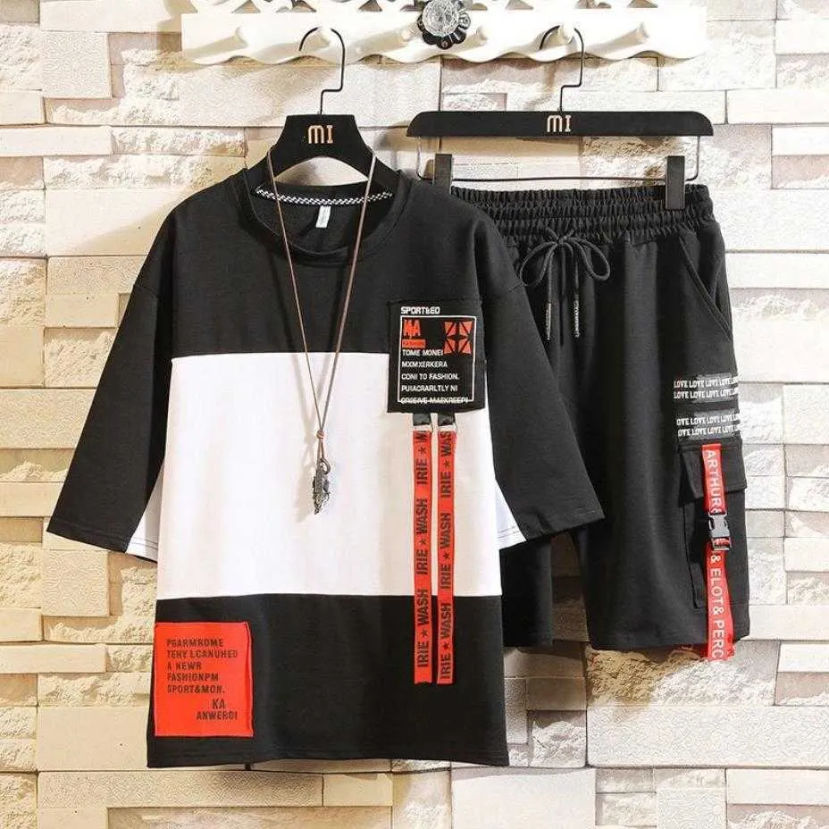 Stili di moda Completi da uomo Vestiti hip-hop Streetwear Vestito estivo Uomo e pantaloni Due pezzi Set hip-hop Casual X0610