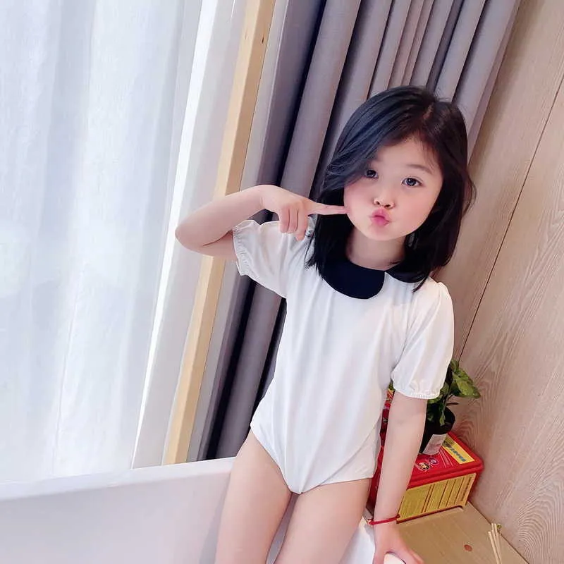 Koreanischer Stil Sommer Teenager Mädchen Bademode 1-teilig Sets Patchwork Badeanzug Kinder Niedliche Kleidung E1027 210610