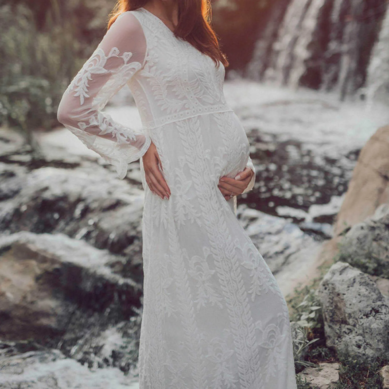 Femmes enceintes élégantes dentelle photographie accessoires à manches longues robe de maternité solide élégante robe de printemps Q0713