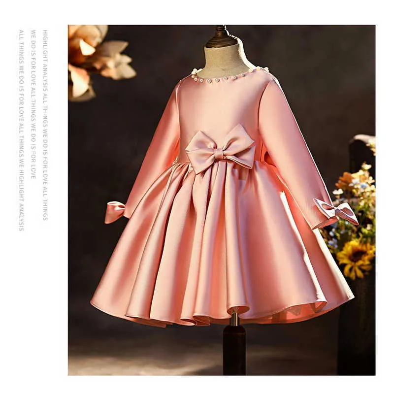 Frühling Teenager Mädchen Kleider Perle Kragen Bogen Rosa Prinzessin für Party Hochzeit Klavier Führen Kinder Kleidung E1041 210610