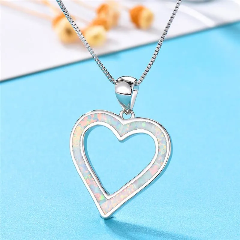 Pendant Necklaces Cute Boho Female Big Heart Pendants Fashion Silver Color White Blue Opal For Women Vintage Jewelry251S