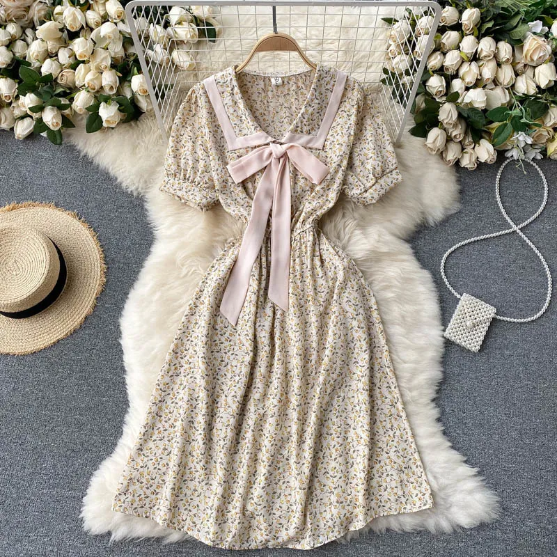 Summer Women Dress Korean Fashion Sweet Bow Bandage Casual Chiffon Boho Beach Holidya Vintage Floral Print Mini 210514