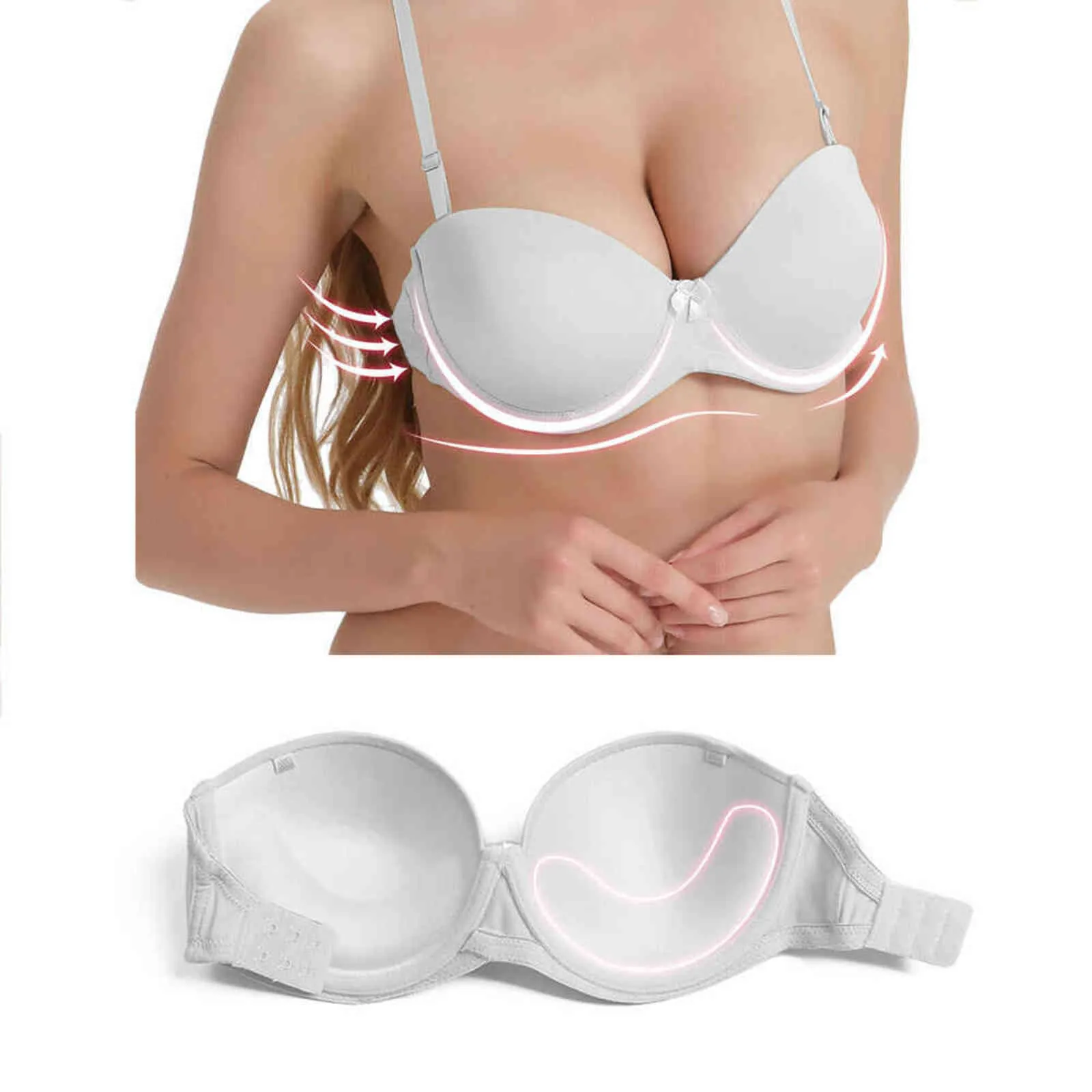 Vgplay Reggiseno bianco senza spalline Push Up Lingerie antiscivolo Cinturino trasparente Reggiseno da donna Taglie forti seno grande 32-44 C D E F 211110