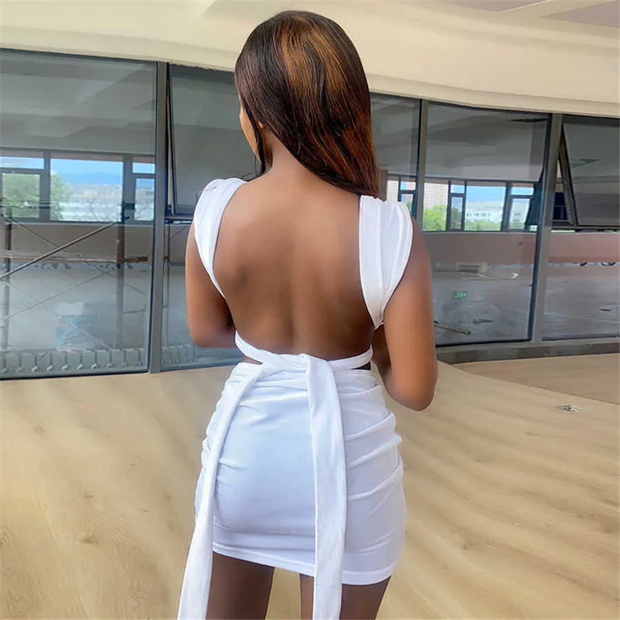 Sexy Low Chest V Neck Backless Ruched Halter Mini Dress Women Sleeveless Bandage Party Nightclub Activity Vacation White Dresses Y1006