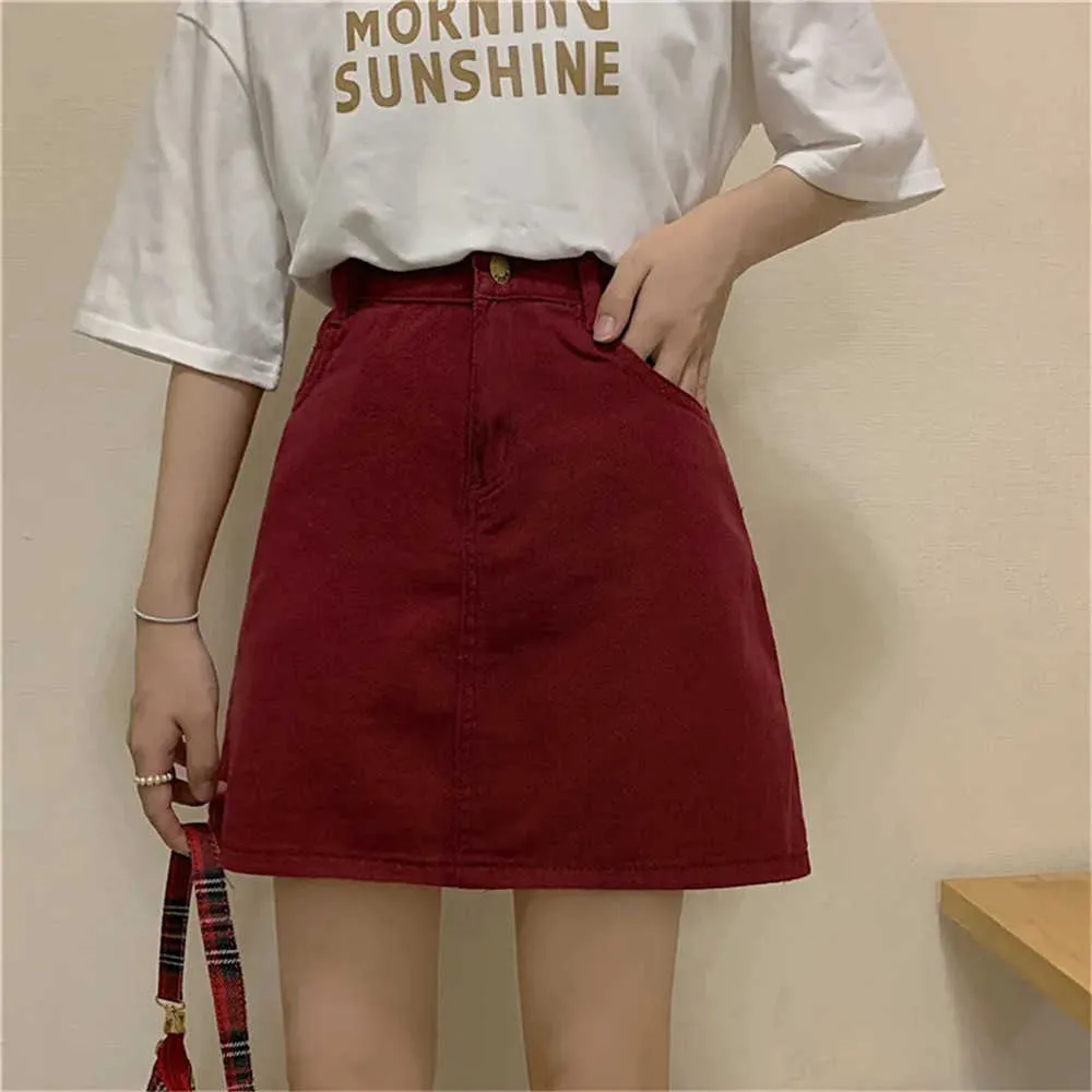 Minigonne di jeans vintage rosso vino Minigonne a vita alta Solid A-Line Elegante gonna anca stile coreano Donna All-Fiammifero Slim Fashion Summer 210619