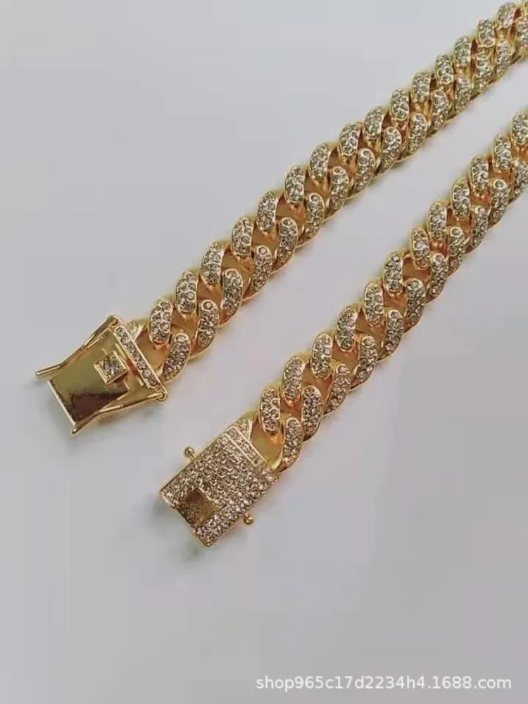 Link Fashionable quality diamond inlaid high grade gold plated 12mm hip hop Cuba Necklace Bracelet trend accessories3437170