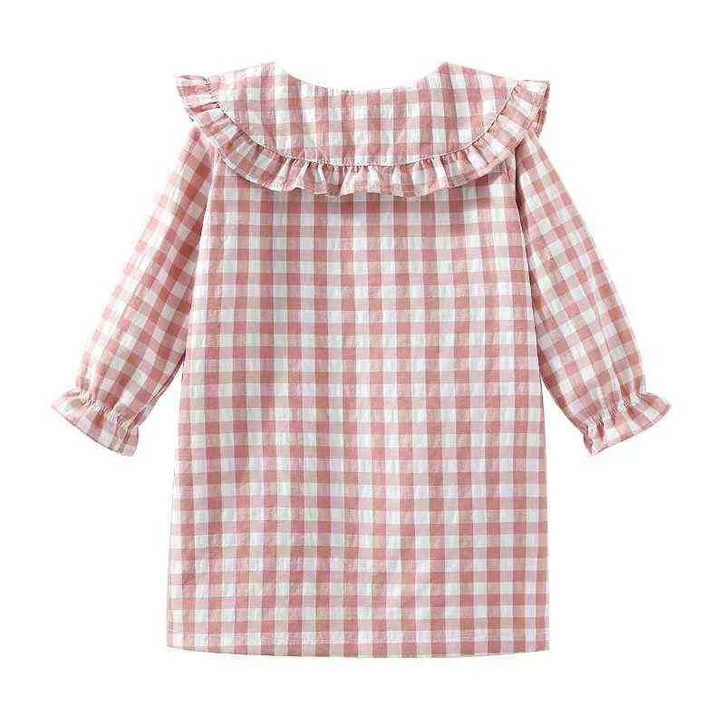 Mudkingdom Ruffle Collar Girls Nattklänningar Plaid Långärmad Toddler Pajamas Klänning Peter Pan Söt Sovtröja Tjej Homewear 211105