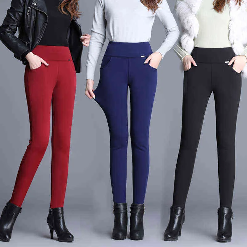 OUMENGKA Plus Size Winter Thick Warm Cashmere High Waist Black Pants Women High Elastic Skinny Stretchy Ladies Trousers 6XL 211216