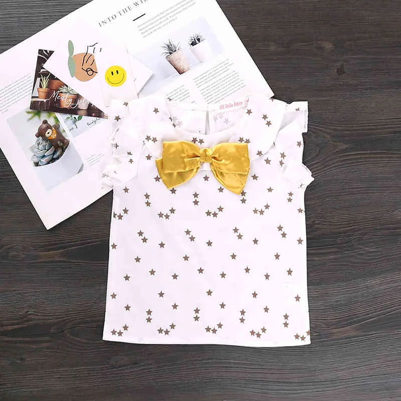 2-6y sommar toddler barn barn tjejer kläder uppsättning ruffles båge stjärna tryck t-shirt shorts outfits barn kostymer 210515