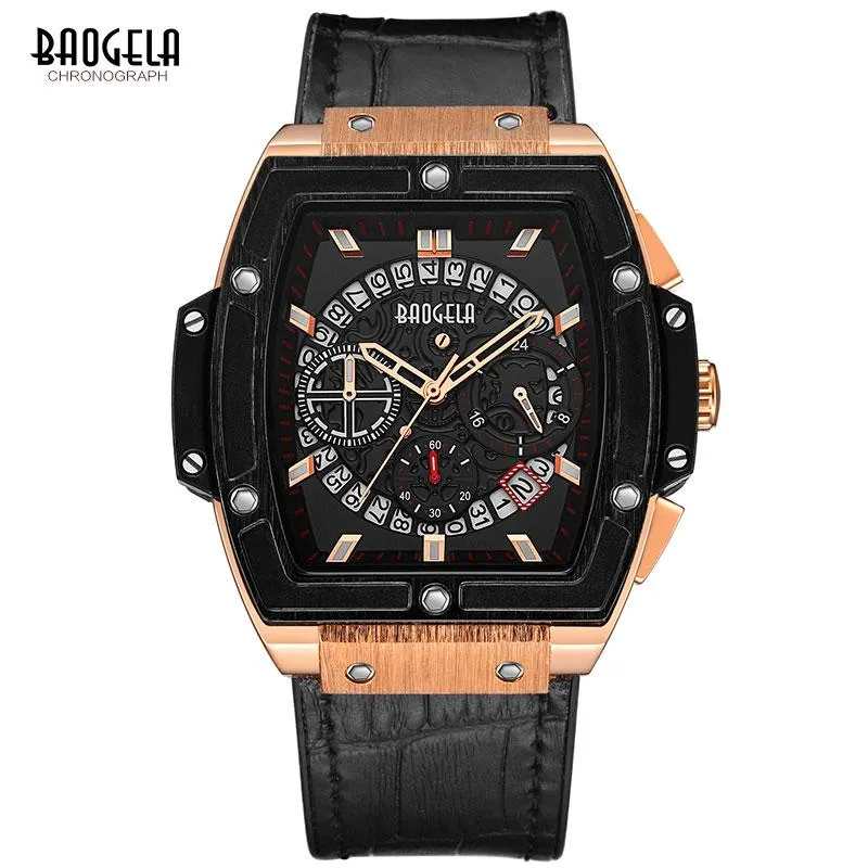 Baogela Chronograph Waterproof Quartz Wartz Men for Men Lose Gold Leather Sports Stopwatch Relojios Masculinos 1703Rose WristW284p