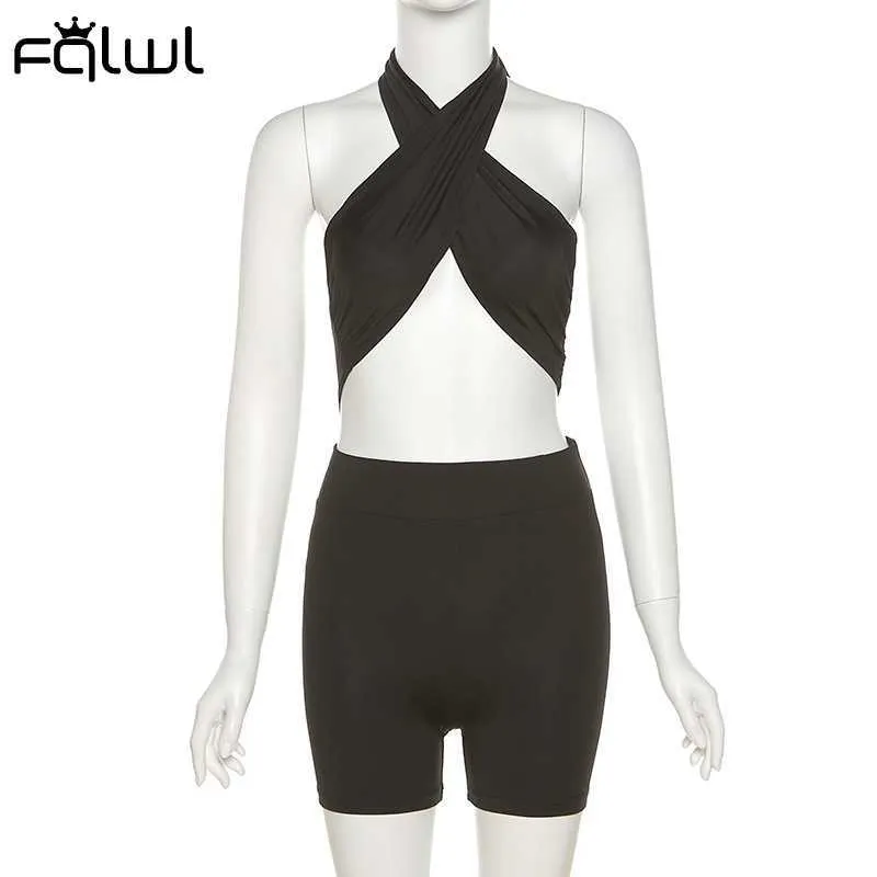 FQLWL Siyah Kırpma Üst Şort Setleri Bayanlar Takım Elbise Yaz Backless Bandaj 2 Parça Setleri Bayan Kıyafetler Seksi Kulübü Parti Eşleştirme Setleri Y0827