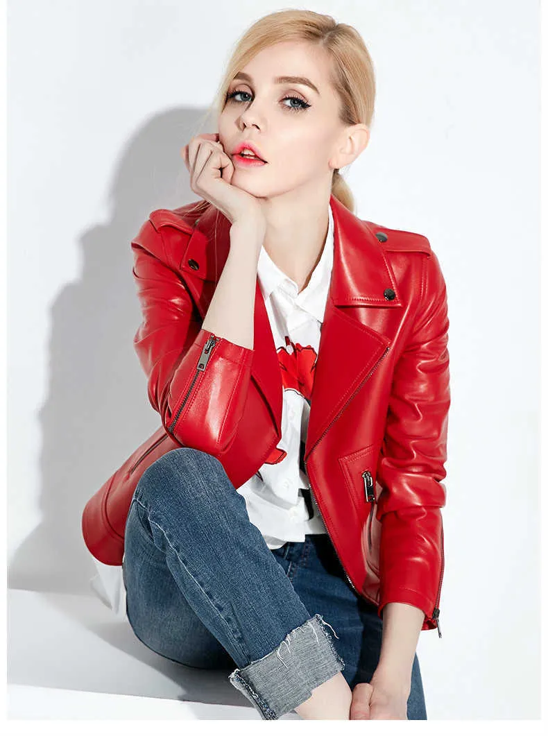 Kadınlar Kırmızı Faux Deri Ceket Bahar Sonbahar Ince Uzun Kollu Punk Tarzı Kısa Palto Bayanlar Siyah Biker Moto Ceketler 210525