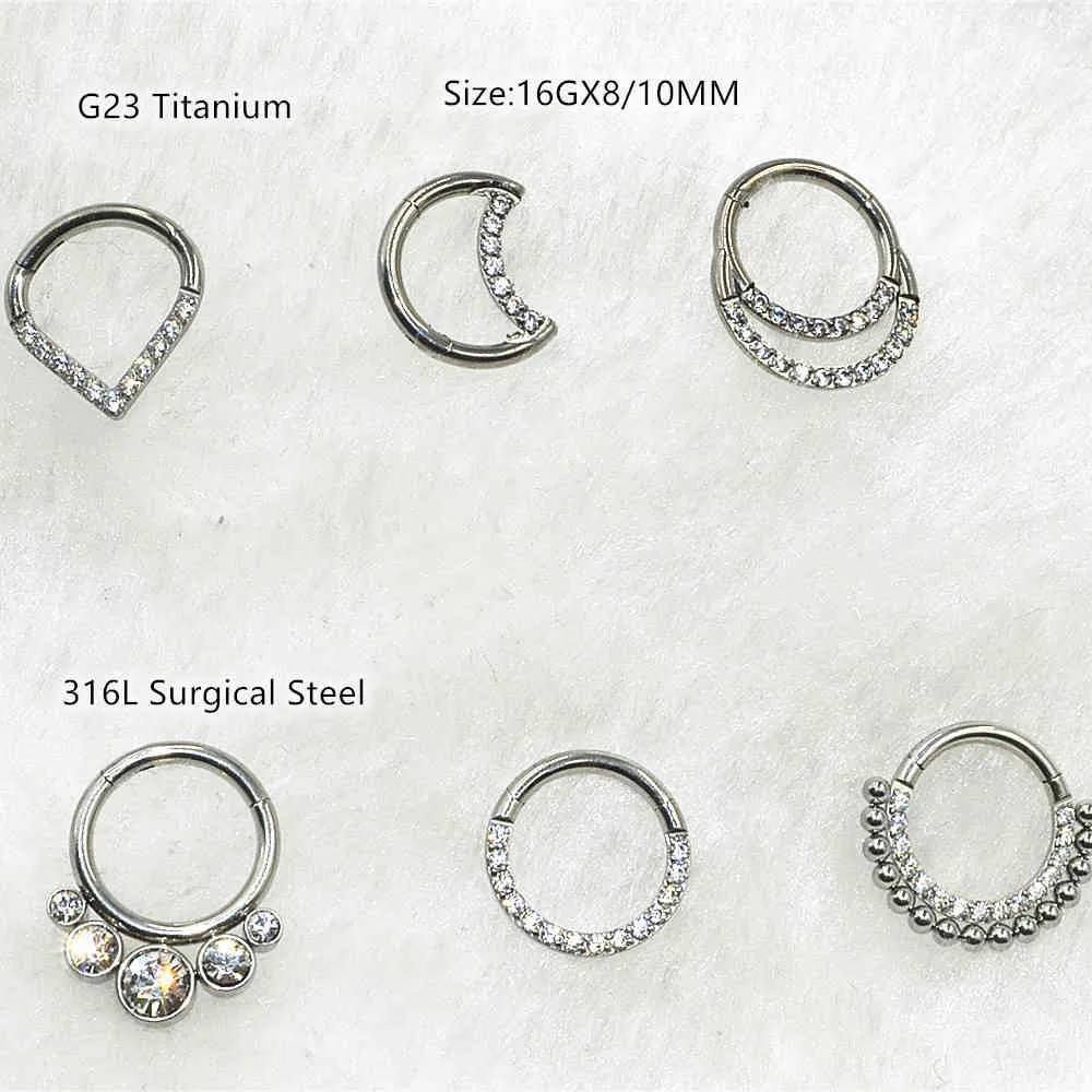 12 sztuk / partia G23 Titanium CZ 316L Steel Steel Nos Bez Jednolity Zawiasowy Segment Ring Click Kartacz Cartilage Helix Tragus Hoop Septa