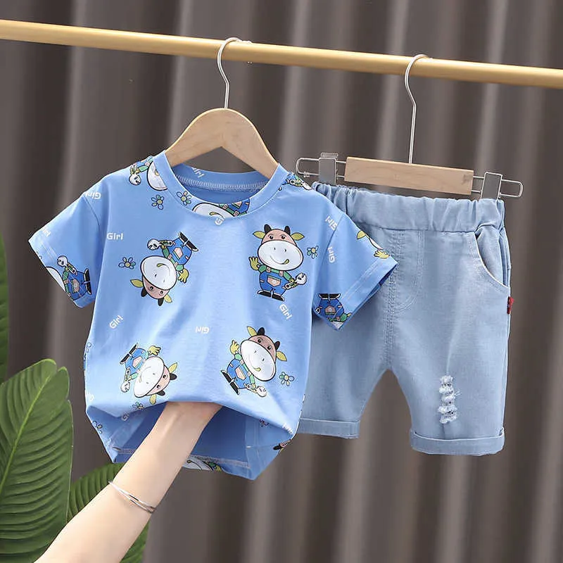 Hylkidhuose Sommer Baby Jungen Kleidung Sets Infant Casual Kleidung Kurzarm t-shirt Denim Shorts Cartoon Kinder Kinder Outfit G1023