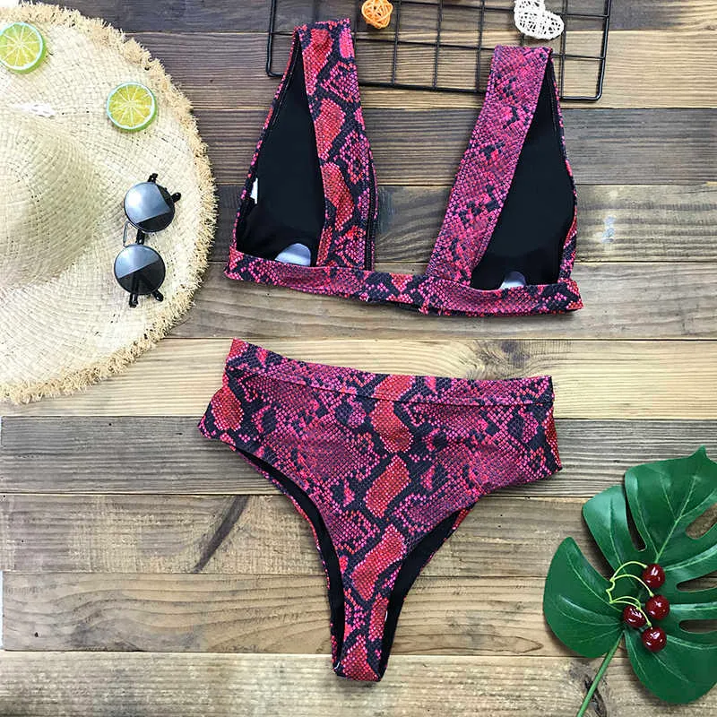 Boucle haute taille bikini ensemble maillots de bain africains femmes maillot de bain sexy rouge serpent imprimé maillot de bain femme bikinis brésilien 210611