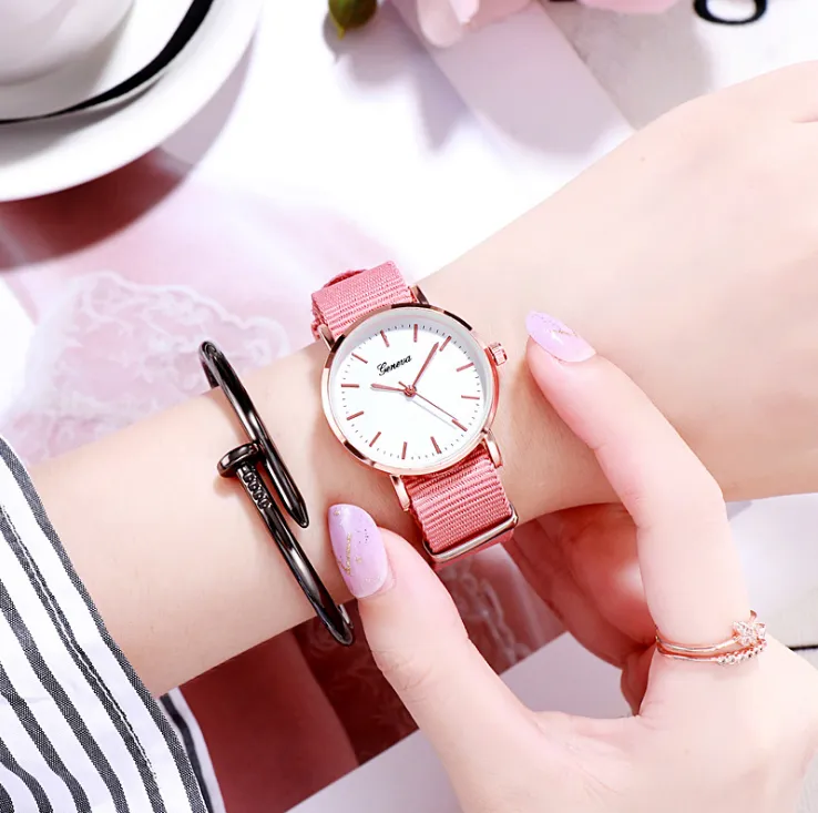 Whole White Nylon Belt Quartz Ladies Watch Female Simple Fresh Girl Watches Analog Classic Womens Wristwatches253p