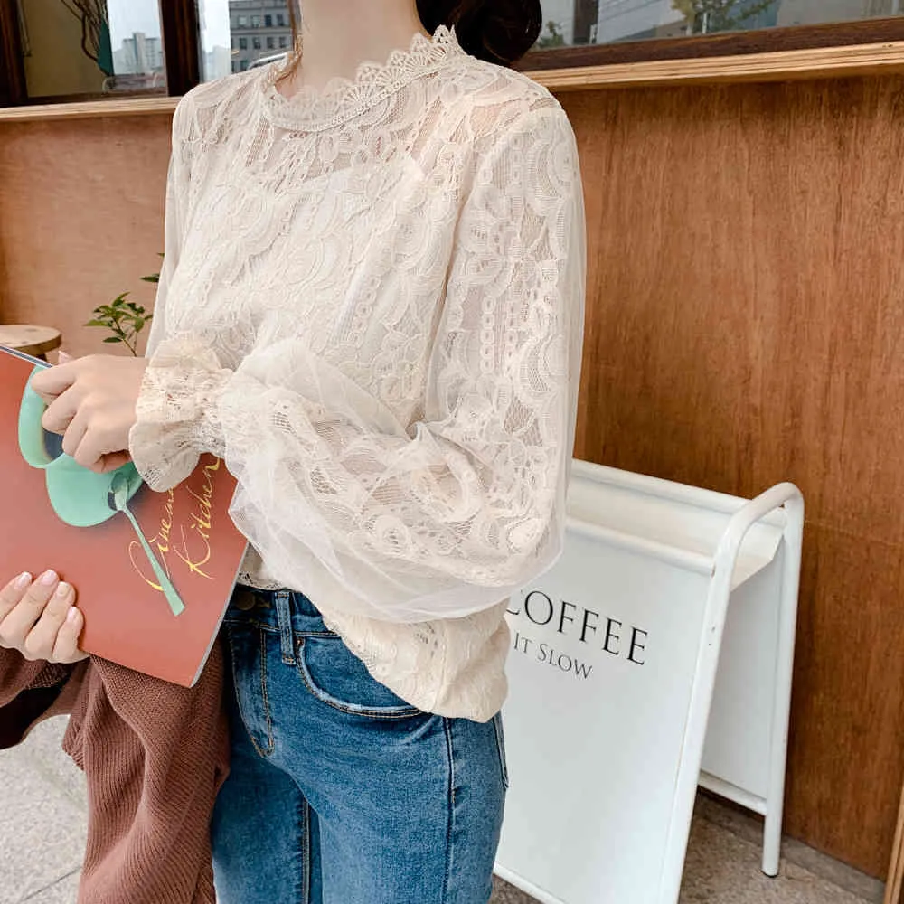 Embroidery Lace Shirt Spring Casual white Tops Long sleeve chiffon Girls Blouse Plus Size Women Blouses femme 210417