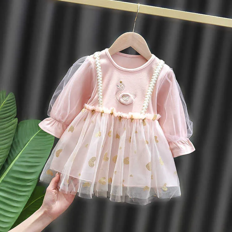 Urso líder outono moda princesa vestidos de aniversário nascido meninas meninas doce swan lace vestido infantil voile retalhos vestidos 210708