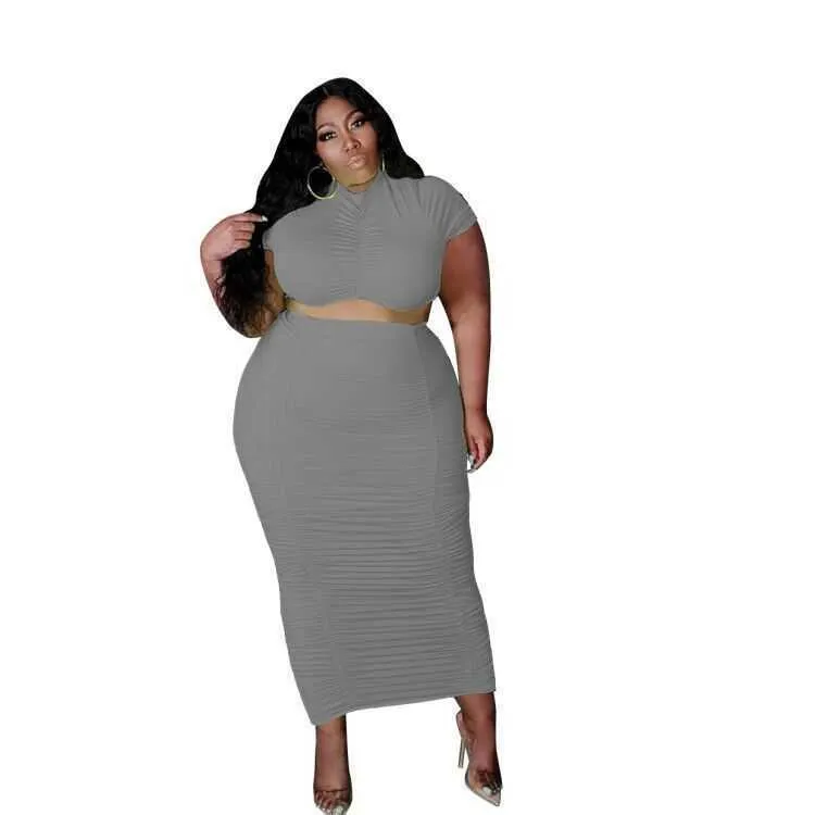 Summer Plus Size Women Dress 3x 4x 5x Fashion Leisure Solid Color Short Sleeve Long Skirt Large Size T-shirt Skirt Suit 