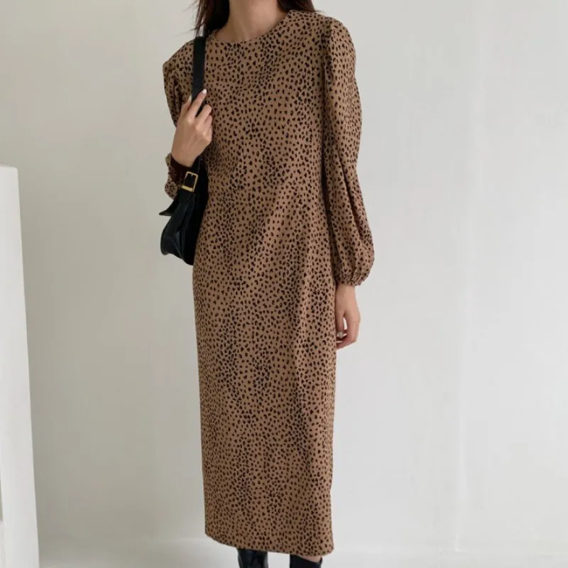 Korobov New Chic Elegant O Neck Dress Korean Vintage Love Print Long Sleeve High Waist Dresses Autumn Winter Vestidos 210430