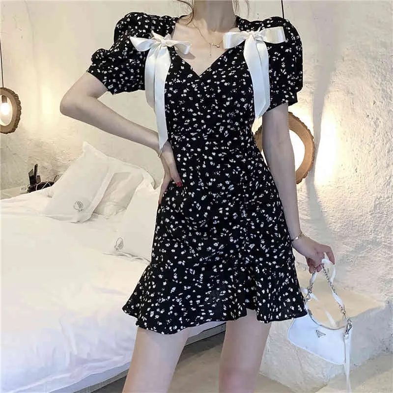 Ezdgaga Chic Kobiety Dress V Neck Krótki Rękaw Wstążkowy Bow Korean Fashion Summer New Polka Dot Mermaid Dress Slim Elegant Vestidos 210430