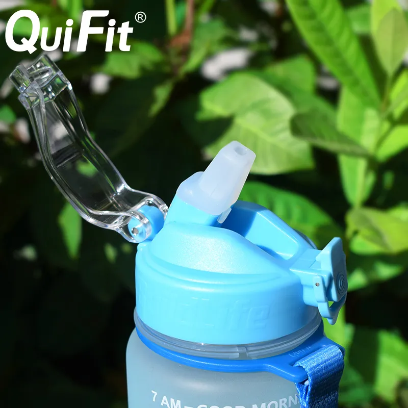 Quifit Water Bottle 1 Liter Silicone Straw Spout Cap Gallon , A-Free, Daily Drinking with Time Stamp 220217