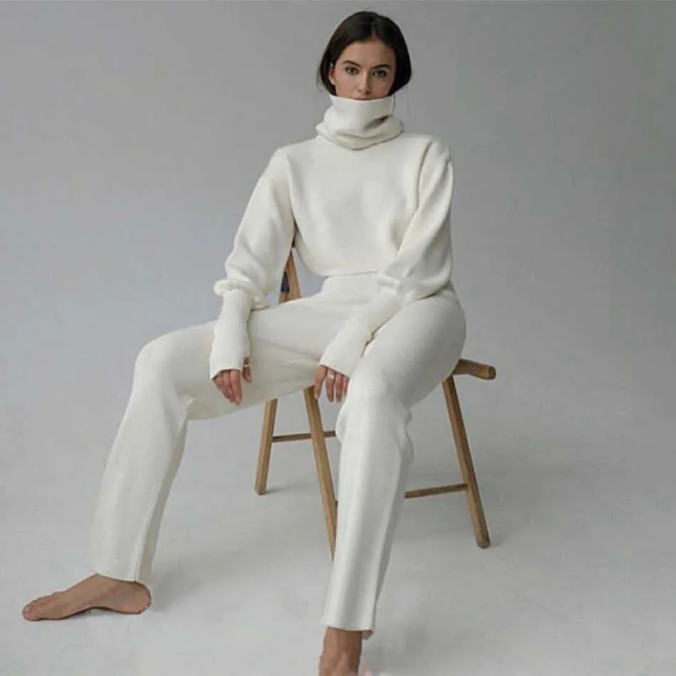 Turtleneck Sweater Set Women Setchic Knitted Pullover Top + Sweater Pants Jumper Tops Trousers Sweater Suit 2021 Winter Y0625